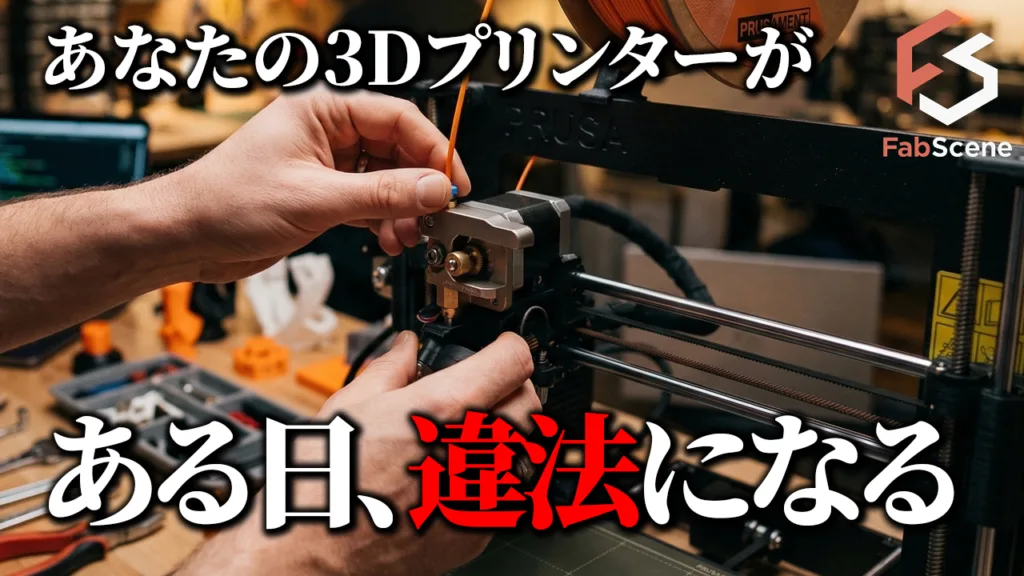 Close-up of hands assembling a 3D printer extruder on a workbench; Japanese text warns that a 3D printer could be illegal someday, FabScene logo visible.