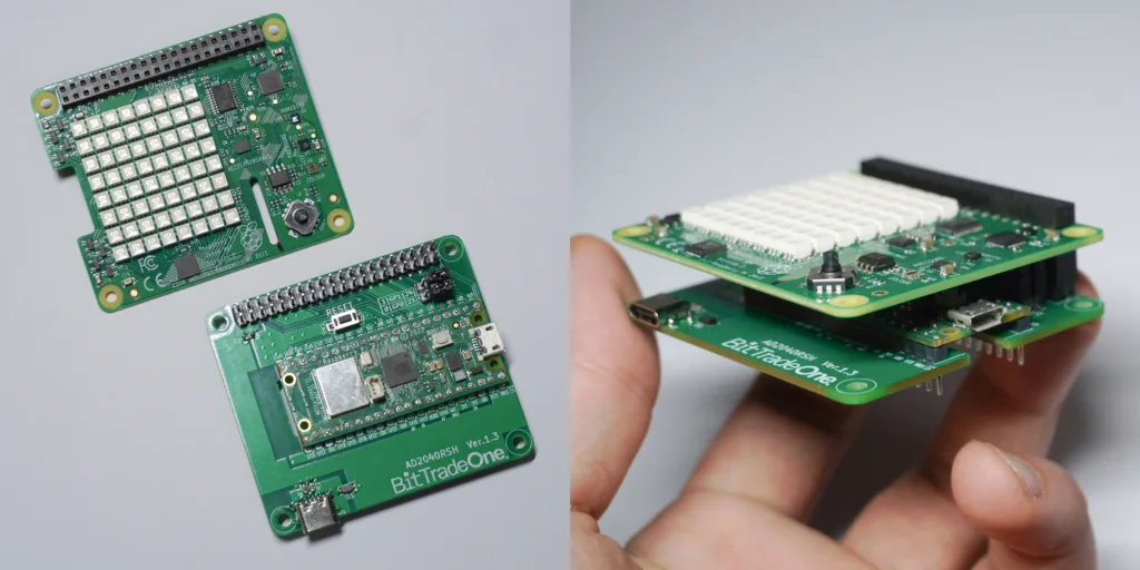 Two green development boards with many surface-mount chips; left board shows a dense grid of components, right board stacked with white header pins and held in a hand; BitTradeOne labels visible.