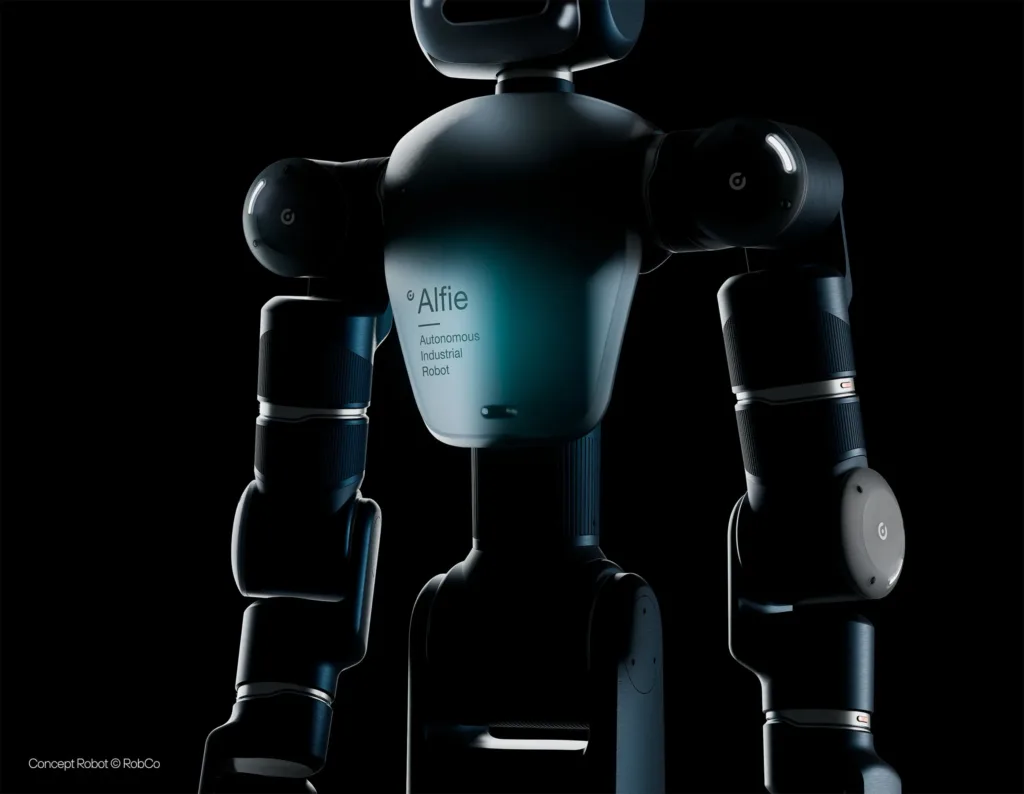 Close-up of a futuristic blue-gray humanoid robot torso and arms against a black background.