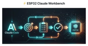 Infographic of an AI-powered ESP32 development workflow showing Claude Code, a checklist, target, and circuitry leading to an ESP32 chip.