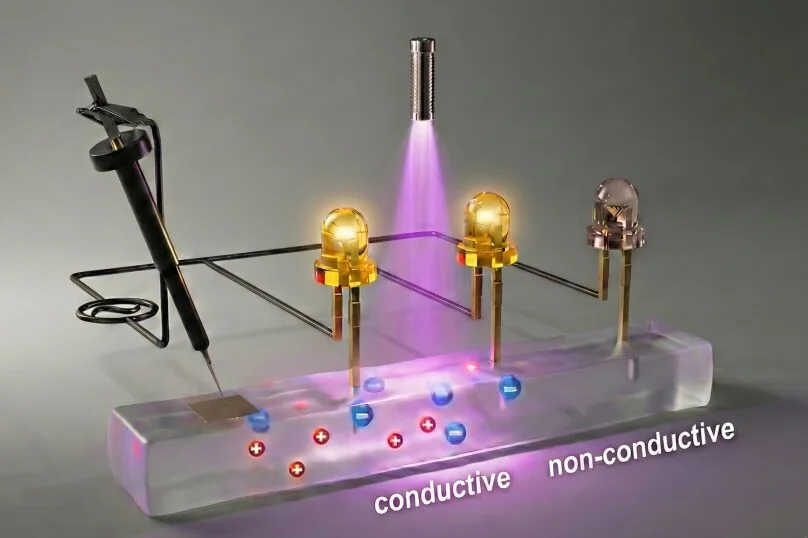 Science lab setup showing a conductivity demonstration with a transparent block labeled 'conductive' and 'non-conductive', gold pegs, and a glowing probe testing a path.