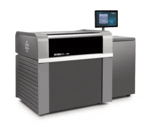 Industrial Stratasys J850 3D printer with black front panel and attached monitor on top side.
