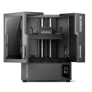 Open-front resin 3D printer with touchscreen control on the lower-right and a side access door on the left, ready for printing.