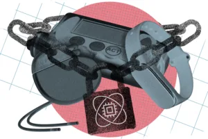 Virtual reality headset wrapped in a heavy chain with a padlock, signaling data security.