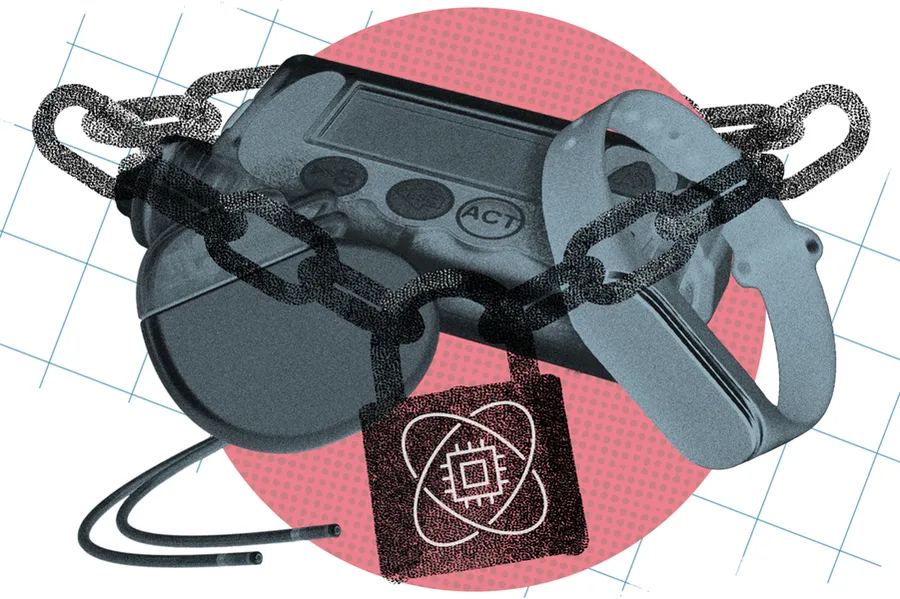 Virtual reality headset wrapped in a heavy chain with a padlock, signaling data security.
