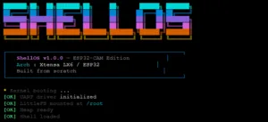 ShellOS v1.0.0 ESP32-CAM boot screen with retro logo and boot messages (UART init, LittleFS mounted, shell loaded).