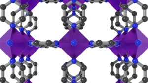 Abstract 3D lattice of gray rods and black spheres forming diamond shapes with blue spheres and purple pyramids in the background