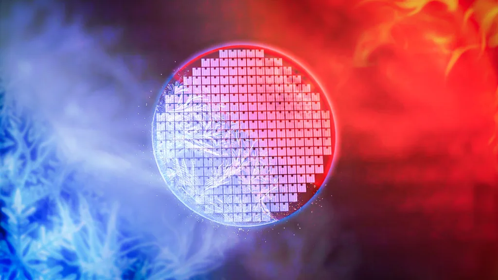 Futuristic spherical globe with square grid panels, glowing blue light on the left and red/orange flames on the right.