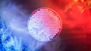 Futuristic spherical globe with square grid panels, glowing blue light on the left and red/orange flames on the right.