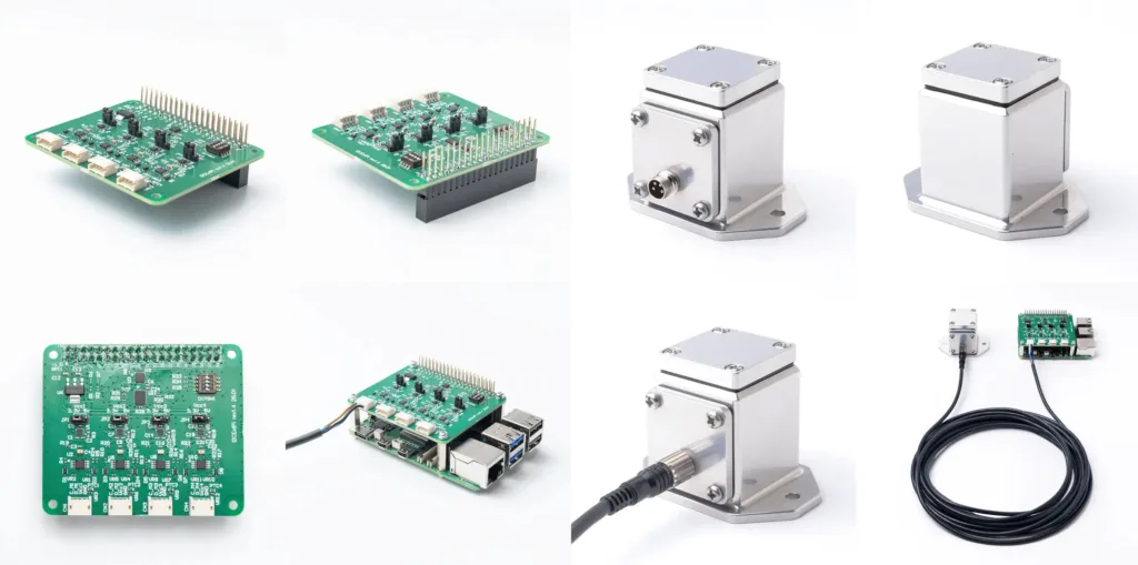 Collection of green circuit boards and metal sensor housings: development boards with pins and USB ports, plus a long cable assembly for instrumentation.