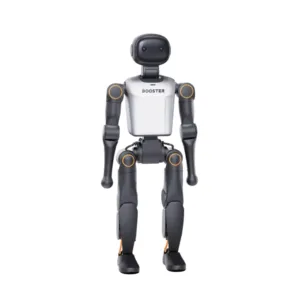 Front view of Booster humanoid robot toy standing upright with dark gray limbs and white chest panel, facing the viewer.