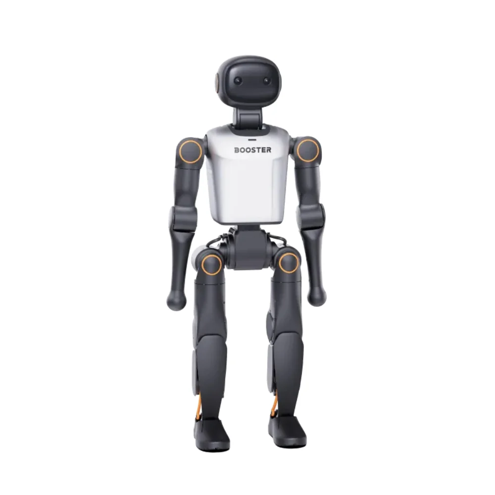 Front view of Booster humanoid robot toy standing upright with dark gray limbs and white chest panel, facing the viewer.