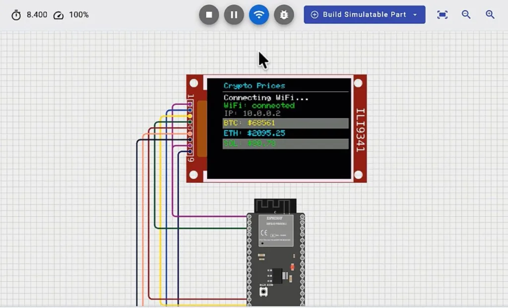 Circuit diagram: ESP32‑style microcontroller connected to a red OLED display showing 'Crypto Prices', Wi‑Fi connected, with BTC and ETH prices; multiple colored jumper wires