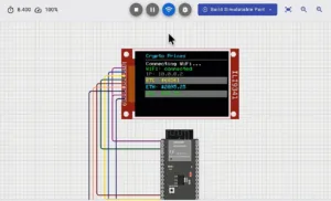 Circuit diagram: ESP32‑style microcontroller connected to a red OLED display showing 'Crypto Prices', Wi‑Fi connected, with BTC and ETH prices; multiple colored jumper wires