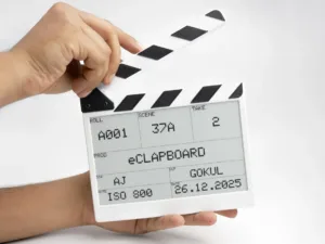 Clapperboard held at an angle showing film details: Roll A001, Scene 37A, Take 2, Prod Sclapboard, Director A.T, DOP GOKUL, ISO 800, Date 26.12.2025.
