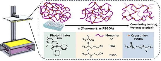 Schematic of a 3D printer depositing PEGDA hydrogel, with photoinitiator and crosslinking density illustrated in an inset diagram beside chemical structures.