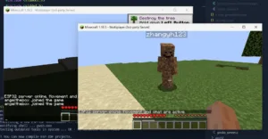 Minecraft window: a player with a brown skin stands on grass beside a dirt path; username 'zhangyh123' is visible, with the chat/status bar across the bottom.
