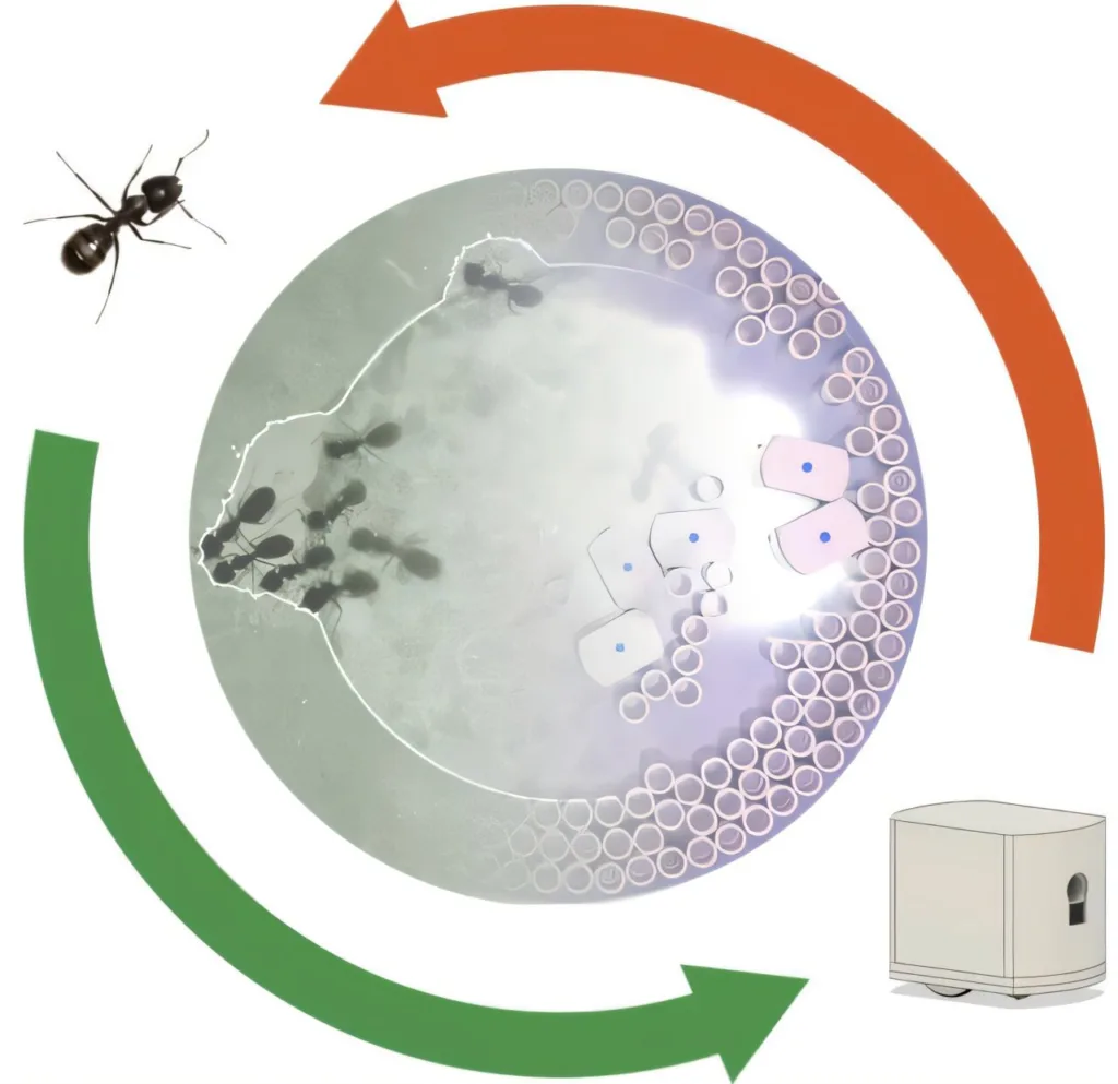 Circular lab diagram showing a large chamber with many small tubes along the edge, an ant on the left, and curved red and green arrows indicating rotation, with a rectangular incubator/device in the bottom-right.