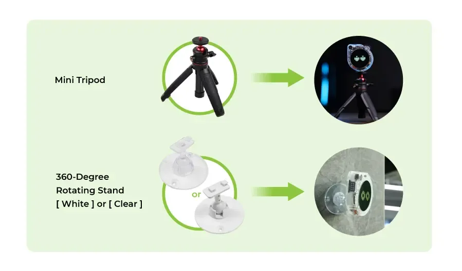 Comparison infographic: left side labels 'Mini Tripod' and '360‑Degree Rotating Stand (White or Clear)'; right side shows circular product photos connected by green arrows by row.