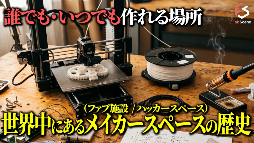 3D printer in a workshop printing white gears on a wooden workbench, with filament spool and soldering iron nearby