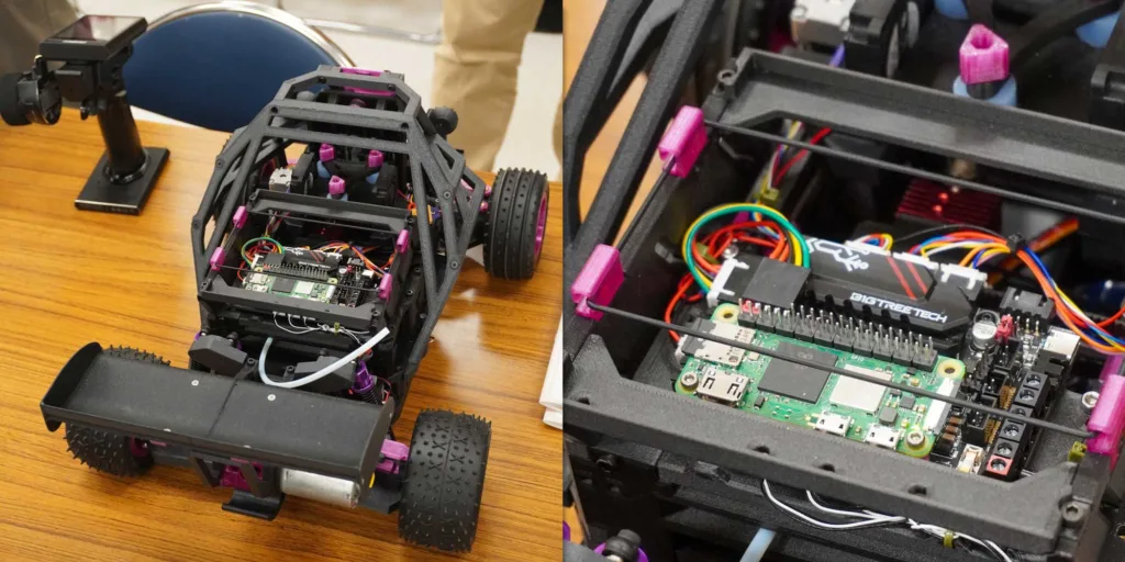 Split image of a small wheeled robot: left shows the rover on a wooden table with exposed gears and purple spacers; right shows the internal electronics and wiring inside a black chassis.