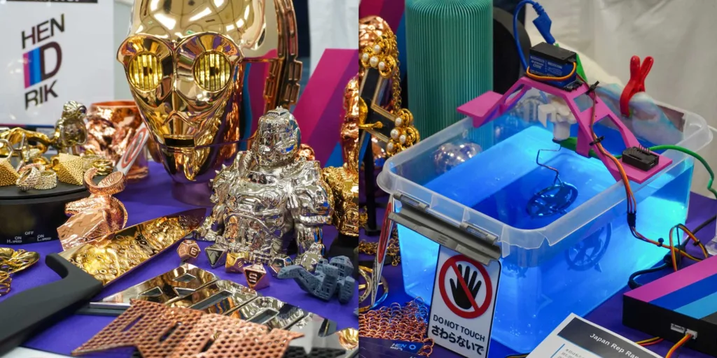 Collage-style display: left side features shiny gold sculptures and jewelry on a purple surface; right side shows a blue-lit DIY robotics setup with wires and a sign.
