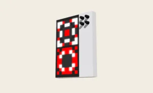 3D rendering of a tall arcade-style game cabinet with a pixelated red, black, and white front panel seen from the side.