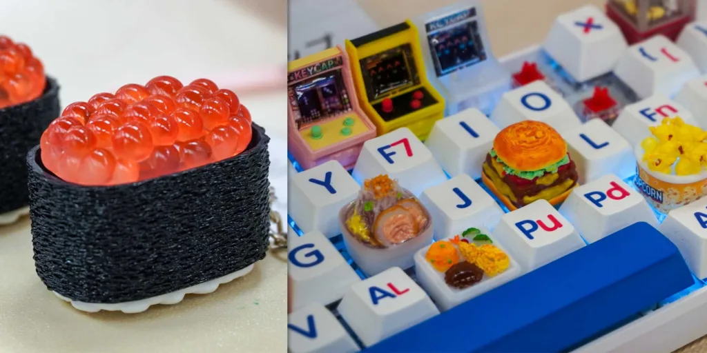 Left: salmon roe sushi on black nori; right: a keyboard with tiny edible miniatures on the keys (burger, popcorn, etc.).