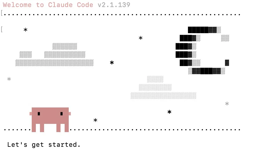 Welcome screen for Claude Code v2.1.139 with ASCII/pixel art, dotted borders, and a pink pig—caption reads 'Let’s get started.'
