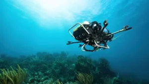 Underwater drone with cameras exploring a coral reef, blue ocean surrounding it.