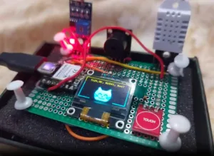 Microcontroller prototyping board with an OLED screen showing a blue cat icon, connected by colorful wires and components.