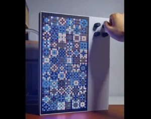 Tall vertical LED matrix panel displaying blue and white pixel art; a hand adjusts the control knobs on its side.
