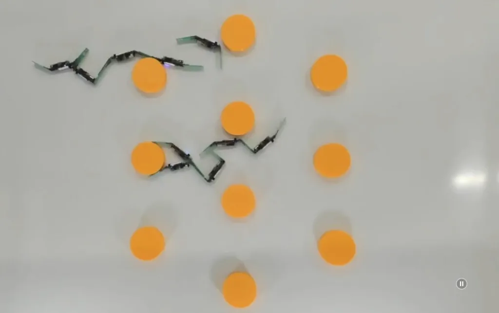 Frame from a video showing orange circular discs scattered on a white surface with black zigzag strips nearby.