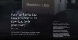 Article header visible: 'Fuck You, Bambu Lab: OrcaSlicer-BambuLab Download (with permission)' over a dark blurred background of a Bambu Lab device, with date and side highlights on the right.