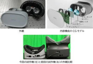 外観と内部の比較を示す3枚構成の図。左上はケースを開いた外観、右上は内部CGモデルの部品配置、下は前後の外観比較。