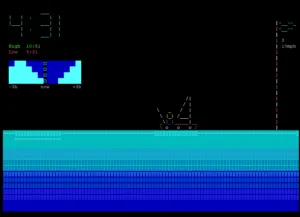 Retro terminal scene with a small sailboat on turquoise-blue water, layered blue sea blocks, a digital clock (4:31) with High/Low readings, and a vertical wind indicator showing S 10 mph on the right.