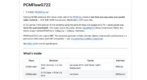 Documentation page titled 'PCMFLowG722' describing G.722 wideband add-on with 'What's inside' section and a two-row table for G722Encoder and G722Decoder (Direction, Carrier, Interface).