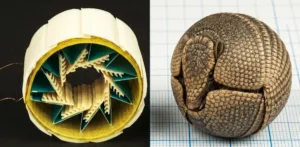 Split image: left side shows a cross-section turbine with teal blades; right side shows a brown, scaly dinosaur head sculpture.