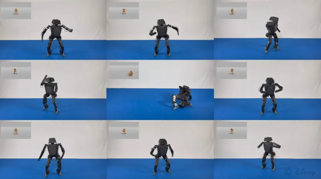 Series of frames showing a gray humanoid robot striking different martial-arts poses on a blue mat in a white-walled room.