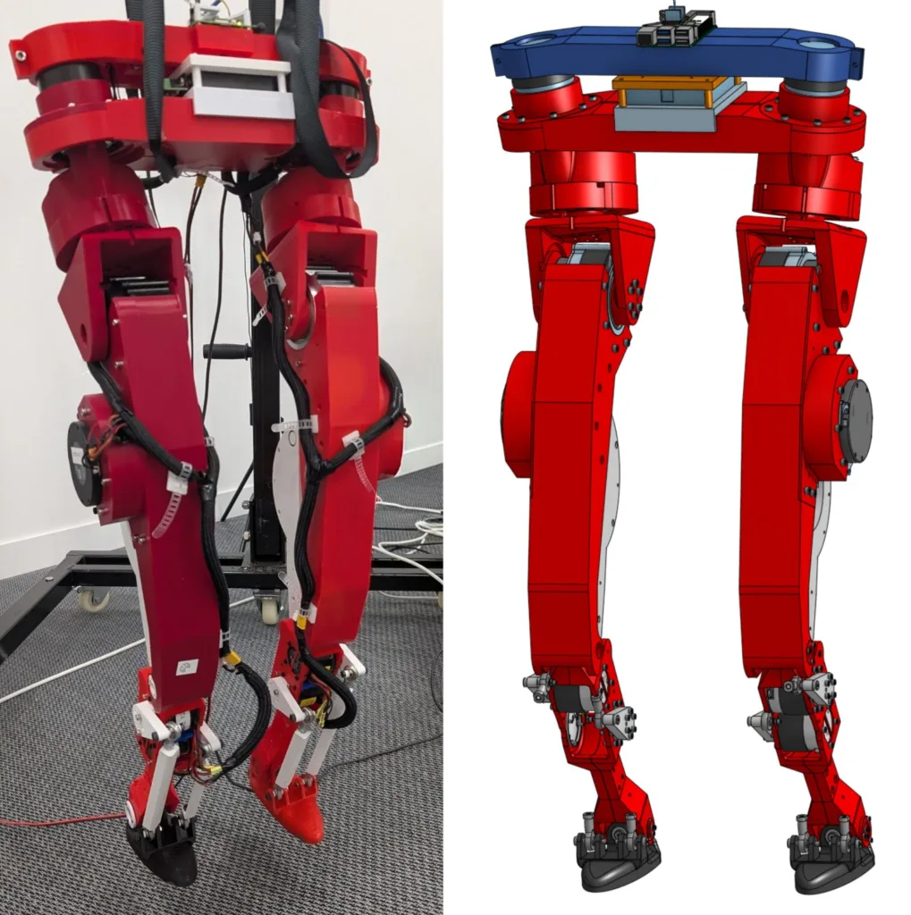 Left-right comparison: red humanoid robotic leg prototype (left) and red CAD model of the same legs (right).