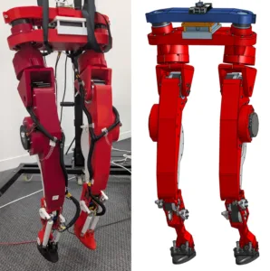 Left-right comparison: red humanoid robotic leg prototype (left) and red CAD model of the same legs (right).