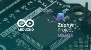 Arduino logo and Zephyr Project Member badge shown on a close-up circuit board.