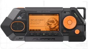 Handheld portable Linux computer with orange controls; screen shows a cartoon robot and speech bubble: 'I don’t understand sh*t. Guys I need your help, let’s build together!'