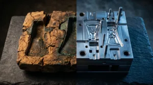 Split image showing a cracked brown rock on the left and a polished metal injection mold on the right.