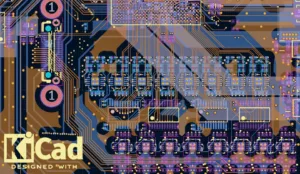 Close-up of a colorful PCB with gold traces and blue-purple components; KiCad logo in the bottom-left.