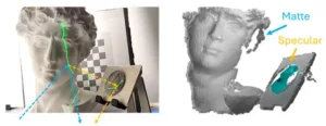 Two-panel illustration: a sculpture scan setup with measurement arrows, and a 3D bust showing matte vs. specular surfaces labeled on a nearby block.