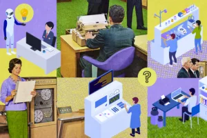 Collage of diverse work scenes: a robot with a light bulb, a person at a desk with a computer, a man typing on a vintage typewriter, and scientists at a lab bench.