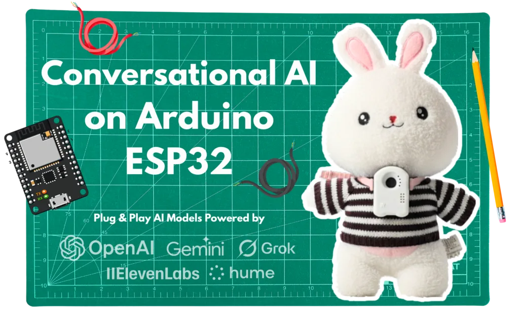 Banner reading 'Conversational AI on Arduino ESP32' with a plush bunny and electronic components on a teal cutting-mat background