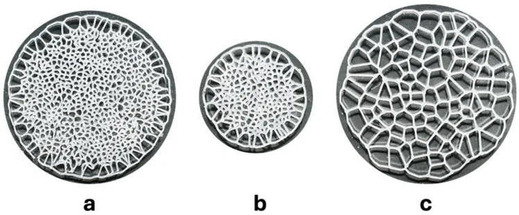 Three circular cross-sections of a porous material with lattice patterns, labeled a, b, c from left to right.