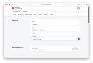 Raspberry Pi Connect admin screen showing a General settings form with the project name 'pitowers', tag chips 'production' and 'london', and a tag suggestions dropdown (kio/kiosk). Access tokens card shown below.